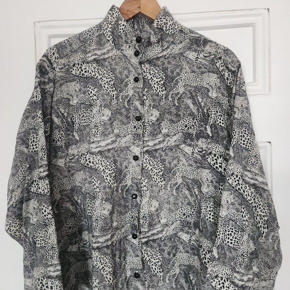 Ronsard Sport Tops - Vintage Literal Leopard Print Wool Blend Standing Collar Blouse